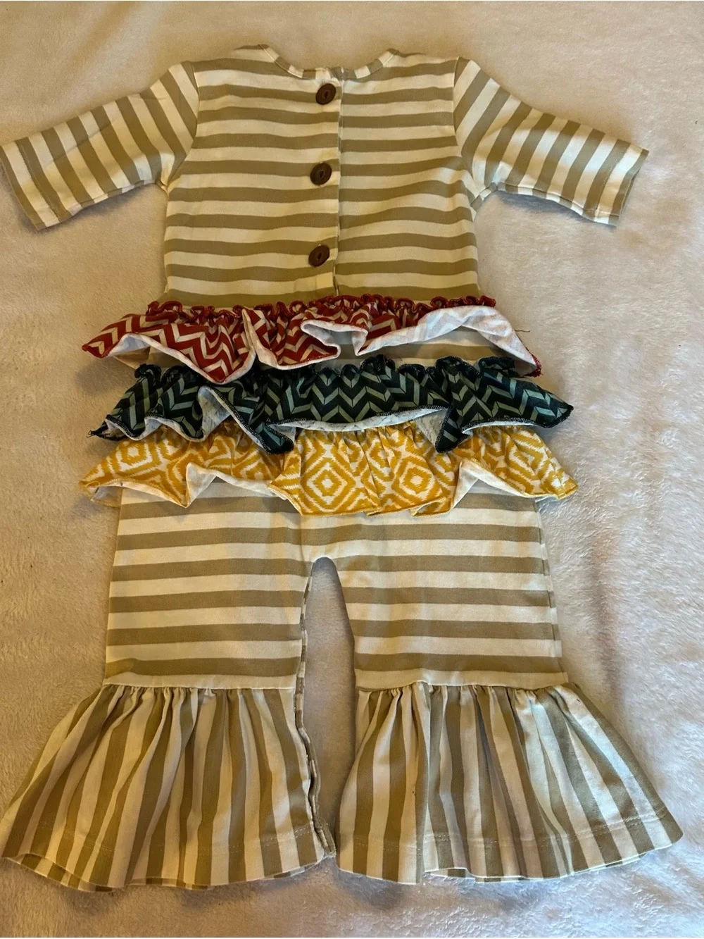 Mustard Pie Striped Cream & Tan Ruffle Dress with Multi-Print Accents
